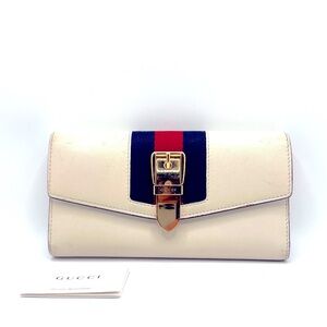 Authentic GUCCI Sylvie Stripe Gold Buckle Off White Leather Long Wallet Sherry